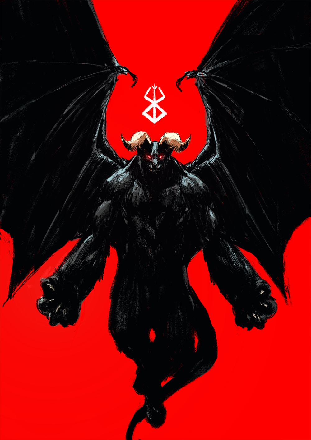 1boy berserk brand_of_sacrifice chun_lo claws closed_mouth demon fang glowing glowing_eyes highres horns monster muscle red_background red_eyes simple_background solo tail wings zodd_(berserk)
