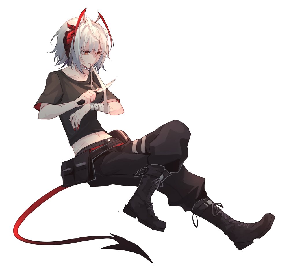 1girl alternate_costume antennae arknights bandages bangs belt black_belt black_footwear black_pants black_shirt boots collarbone commentary crop_top erhuo full_body horns midriff mouth_hold nail_polish navel pants pouch red_eyes red_nails shirt short_hair short_sleeves silver_hair simple_background solo tail w_(arknights) white_background wrist_wrap