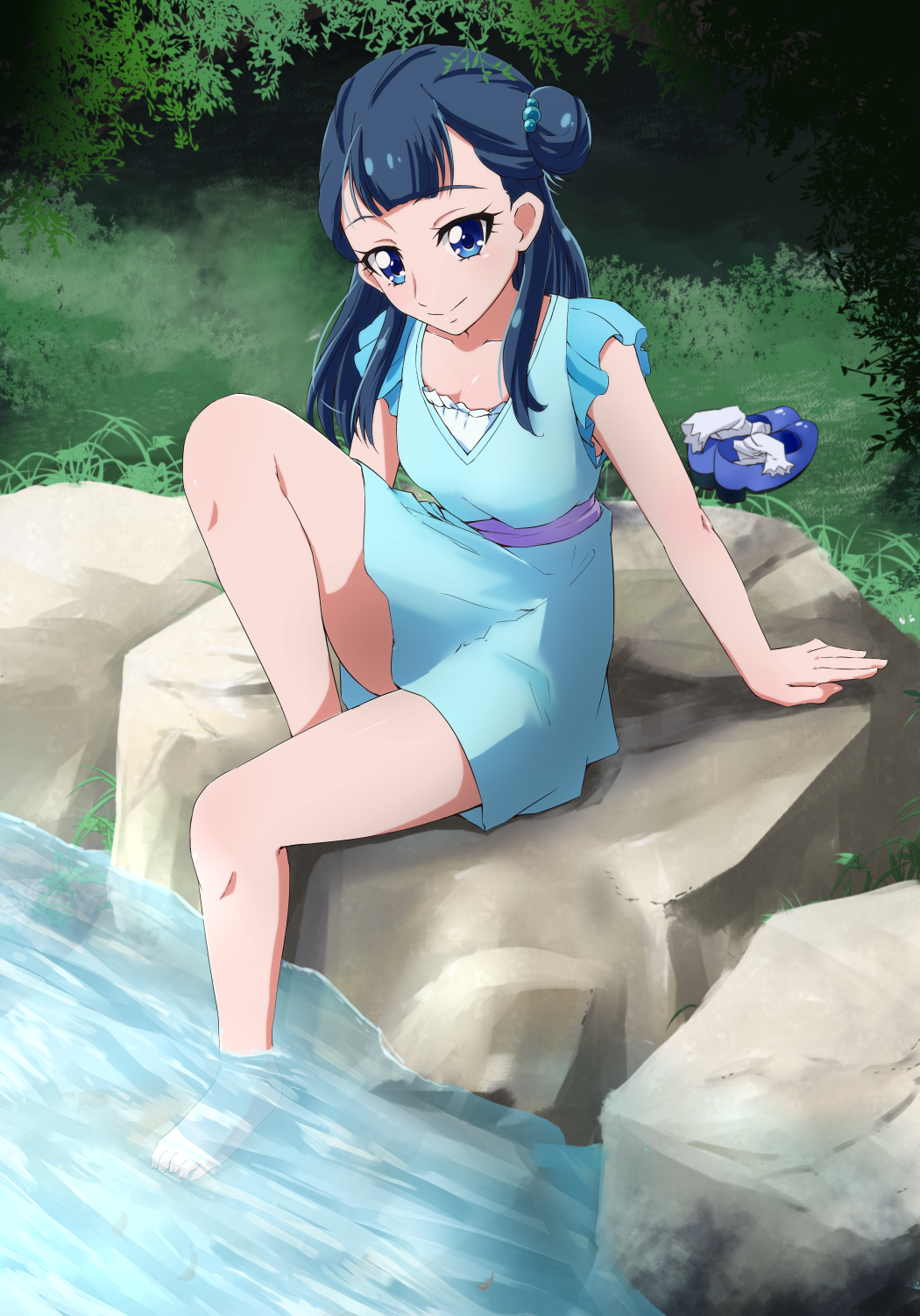 1girl bangs barefoot blue_dress blue_eyes blue_hair blunt_bangs closed_mouth collarbone day dress hair_bun highres hugtto!_precure legwear_removed long_hair outdoors precure river shiny shiny_hair shiny_skin shoes_removed short_dress sitting sleeveless sleeveless_dress smile soaking_feet solo stick308 yakushiji_saaya