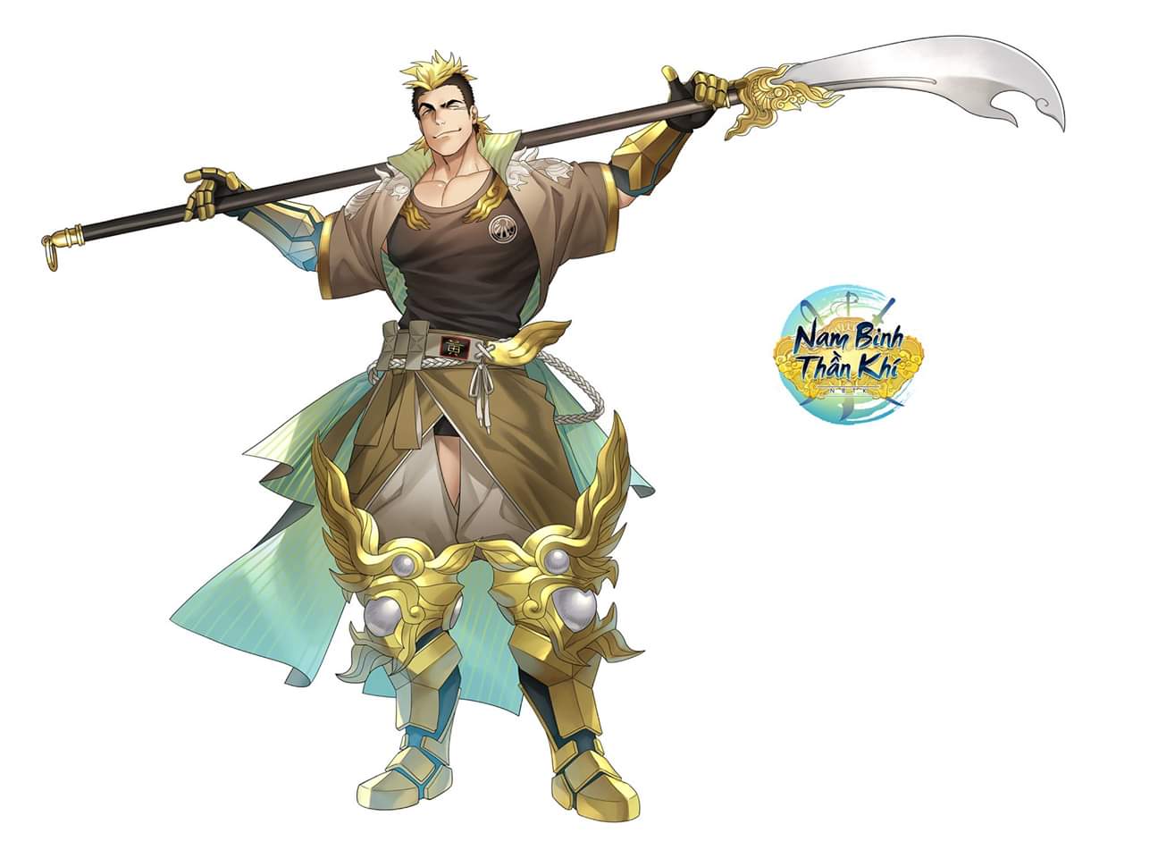 1boy bara blonde_hair brown_hair chest clothing_cutout full_body kienbiu male_focus mohawk multicolored_hair muscle nambinhthankhi official_art over_shoulder polearm short_hair sideburns solo spear thigh_cutout thighs two-tone_hair vambraces weapon weapon_over_shoulder wide_sleeves