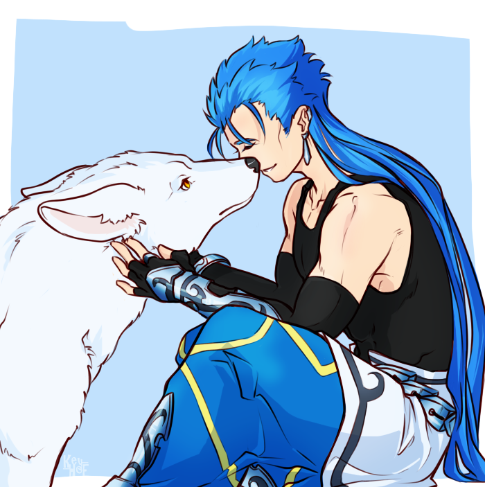 1boy 1other animal belt biceps blue_hair bracelet closed_eyes cu_chulainn_(fate)_(all) cu_chulainn_(fate/grand_order) dog earrings elbow_gloves fate/grand_order fate_(series) fingerless_gloves from_side gloves greaves jewelry keyhof long_hair male_focus sitting skin_tight smile spiky_hair tank_top type-moon vambraces white_wolf wolf