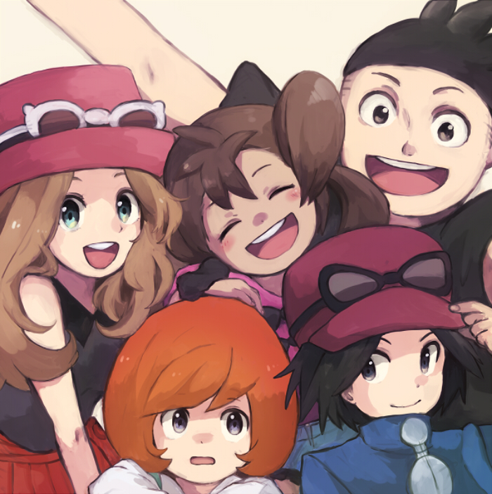 2girls 3boys bangs bare_arms black_hair blue_jacket blush brown_hair calem_(pokemon) closed_eyes commentary_request eyewear_on_headwear green_eyes hand_on_headwear hat jacket looking_at_viewer multiple_boys multiple_girls open_mouth orange_hair pink_headwear pleated_skirt pokemon pokemon_(game) pokemon_xy red_skirt serena_(pokemon) shauna_(pokemon) skirt smile suirerien sunglasses teeth tierno_(pokemon) tongue trevor_(pokemon)