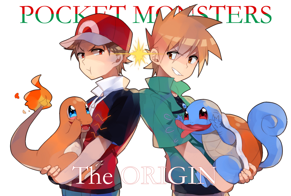 2boys :t bangs baseball_cap blue_oak brown_hair charmander copyright_name eyebrows_visible_through_hair fingernails gen_1_pokemon green_shirt hat holding holding_pokemon ikaru jacket looking_back male_focus multiple_boys pokemon pokemon_(creature) pokemon_origins red_(pokemon) red_eyes shirt short_sleeves smile squirtle symbol_commentary teeth v-shaped_eyebrows