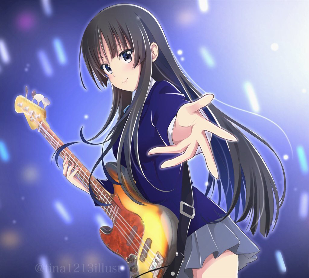 1girl akiyama_mio bangs black_eyes black_hair blue_background blue_jacket blush closed_mouth cowboy_shot eyebrows_visible_through_hair floating_hair grey_skirt holding holding_instrument instrument jacket k-on! long_hair long_sleeves looking_at_viewer miniskirt outstretched_hand pleated_skirt reaching_out sakuragaoka_high_school_uniform school_uniform shiny shiny_hair shirt skirt smile solo standing straight_hair tina_(pixiv37050289) twitter_username very_long_hair watermark white_shirt