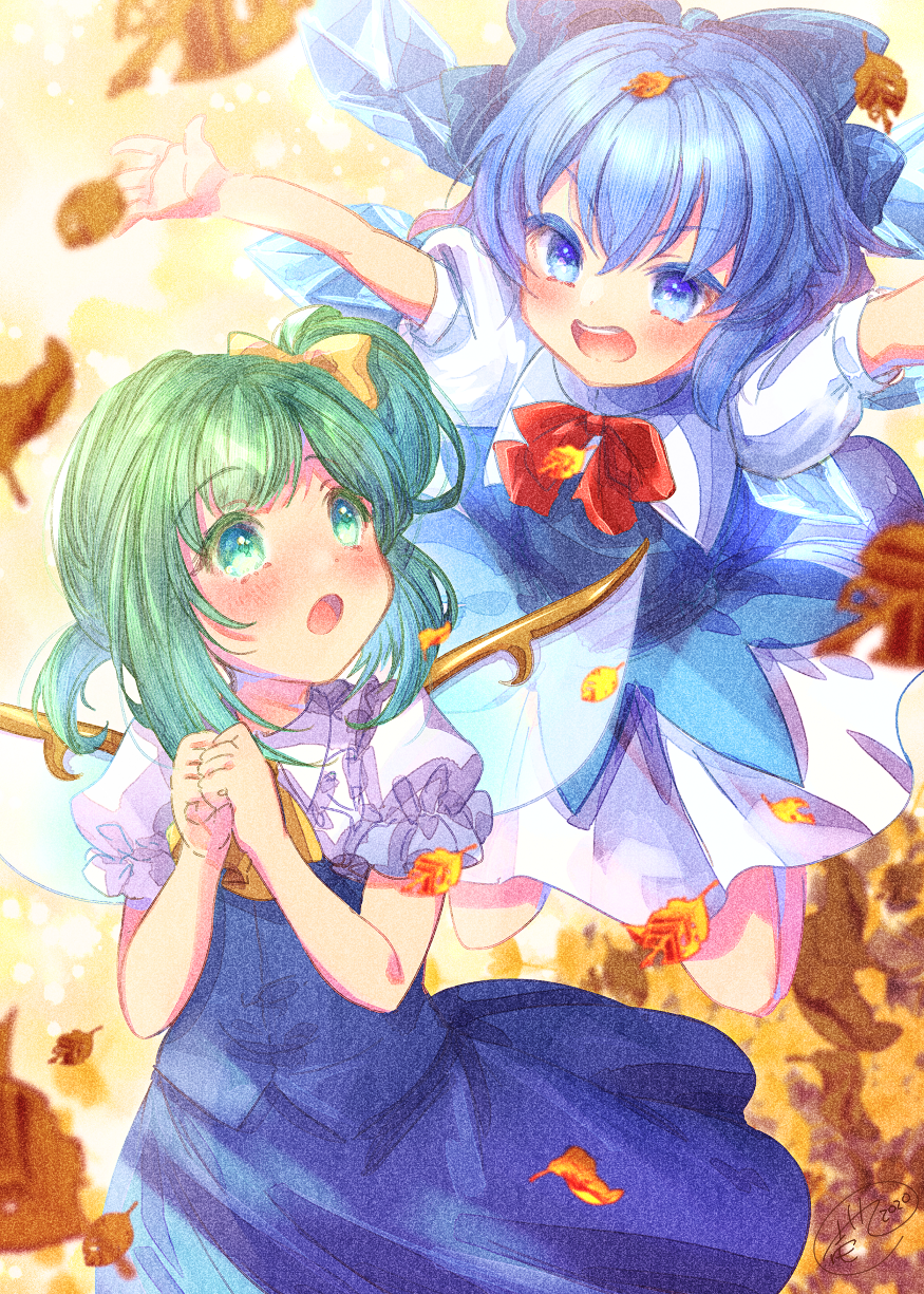 2girls :d :o ascot autumn_leaves bangs blue_bow blue_dress blue_eyes blue_hair blue_wings blush bow cirno collared_shirt commentary_request daiyousei detached_wings dress eyebrows_visible_through_hair green_eyes green_hair hair_between_eyes hair_bow hands_together hands_up highres ice ice_wings ittokyu multiple_girls one_side_up open_mouth own_hands_together puffy_short_sleeves puffy_sleeves red_bow shirt short_sleeves signature sleeveless sleeveless_dress smile touhou upper_teeth v-shaped_eyebrows white_shirt wings yellow_bow yellow_neckwear