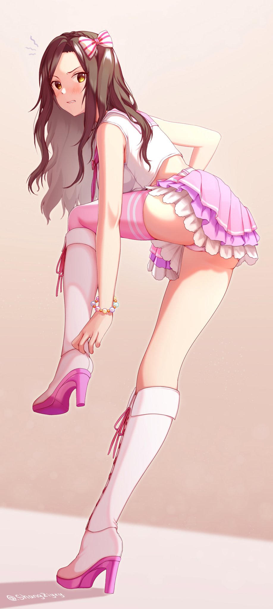 1girl blush boots bow bracelet breasts brown_eyes brown_hair commentary_request embarrassed frilled_skirt frills hair_bow high_heel_boots high_heels highres idolmaster idolmaster_cinderella_girls jewelry knee_boots large_breasts leg_up long_hair looking_back midriff mukai_takumi panties pink_background pink_legwear pink_panties pink_skirt pleated_skirt sailor_collar shangziyxy shirt single_thighhigh skirt solo striped striped_bow thigh-highs twitter_username underwear white_bow white_footwear white_shirt