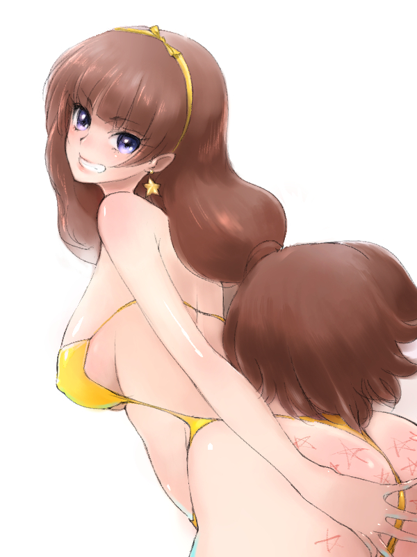 1girl amanogawa_kirara ass bangs bare_arms bare_shoulders breasts brown_hair covered_nipples earrings eyebrows_visible_through_hair go!_princess_precure hairband jewelry large_breasts long_hair precure simple_background solo star_(symbol) star_earrings suzu-batsu swimsuit teeth under_boob very_long_hair violet_eyes white_background yellow_hairband yellow_swimsuit