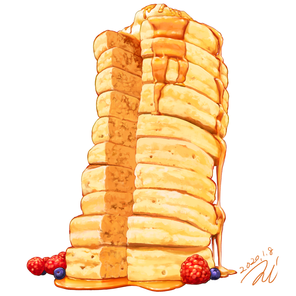 blueberry dated food fruit miwa_nagi no_humans original pancake raspberry simple_background sliced stack_of_pancakes syrup white_background