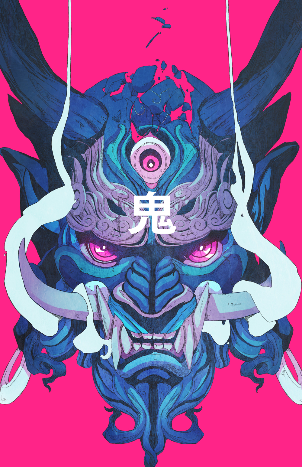 blue_oni chun_lo demon demon_horns disembodied_head extra_eyes face fangs glowing highres horns limited_palette looking_at_viewer multicolored no_humans oni original pink_background pink_eyes pointy_ears red_eyes shattered simple_background smoke solo teeth third_eye translated tusks