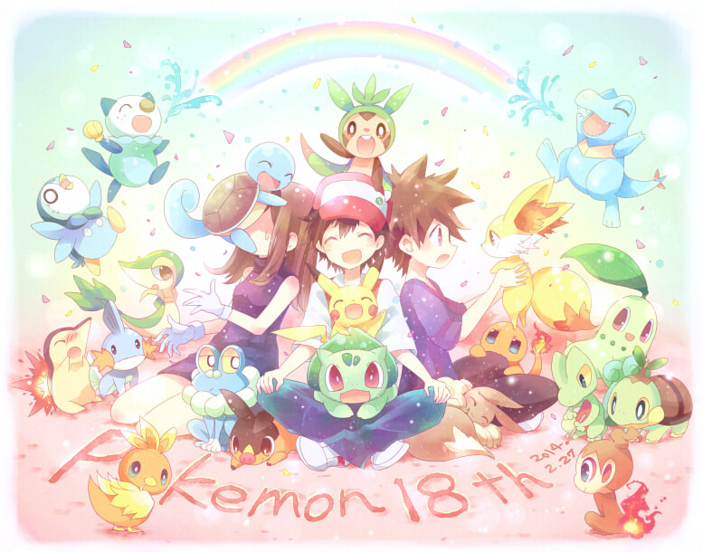 1girl 2boys bangs baseball_cap blue_oak brown_hair bulbasaur charmander chespin chikorita chimchar commentary_request cyndaquil dress fennekin fire flame froakie gen_1_pokemon gen_2_pokemon gen_3_pokemon gen_4_pokemon gen_5_pokemon gen_6_pokemon gloves green_(pokemon) hands_on_own_knees hat jacket kokoroko long_hair mudkip multiple_boys on_head oshawott pants pikachu piplup pokemon pokemon_(creature) pokemon_on_head purple_dress purple_shirt red_(pokemon) shirt shoes short_sleeves sidelocks snivy squirtle tepig torchic totodile treecko turtwig