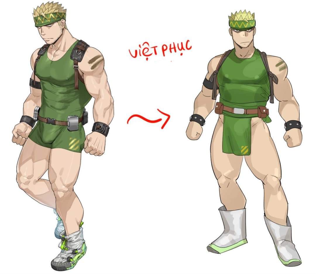 1boy alternate_costume bara bare_arms bare_shoulders blonde_hair bodysuit bulge chest covered_abs covered_nipples facial_hair green_bodysuit green_hairband hairband kienbiu leather male_focus muscle original pelvic_curtain punt_(kienbiu) short_hair sideburns sleeveless solo spiky_hair stubble taut_clothes thick_thighs thighs white_footwear