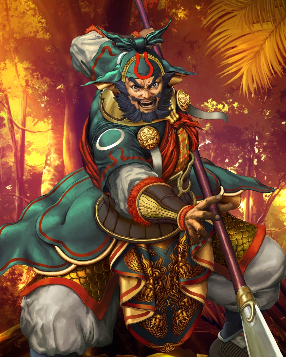 1boy beard facial_hair green_headwear holding holding_spear holding_weapon kuniyasu_ikki looking_at_viewer male_focus mustache open_mouth outdoors polearm romance_of_the_three_kingdoms spear standing weapon zhang_fei