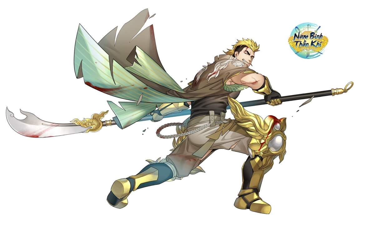 1boy ass bara blonde_hair brown_cape brown_hair cape clothing_cutout fighting_stance full_body holding holding_spear holding_weapon kienbiu male_focus medium_hair mohawk multicolored_hair muscle nambinhthankhi official_art over_shoulder polearm sideburns solo spear thigh_cutout two-tone_hair vambraces weapon weapon_over_shoulder wide_sleeves