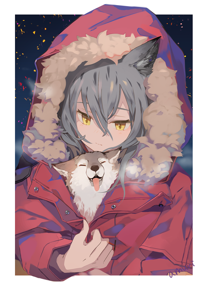 1girl amuri animal animal_ears animal_in_clothes arknights bangs breath closed_eyes closed_mouth commentary dog fangs fur-trimmed_hood fur_trim grey_hair holding holding_animal hood hood_up hooded_jacket jacket looking_down no_nose projekt_red_(arknights) red_jacket sidelocks signature solo tongue tongue_out upper_body visible_air windowboxed wolf_ears wolf_girl yellow_eyes