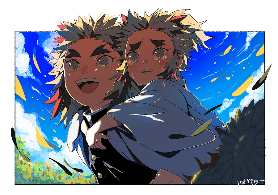 2boys :d black_jacket blonde_hair border brothers carrying commentary crying crying_with_eyes_open dated day flower happy_tears jacket japanese_clothes kimetsu_no_yaiba kimono kinako_(462) long_sleeves looking_away male_focus medium_hair multicolored_hair multiple_boys open_mouth outdoors piggyback redhead rengoku_kyoujurou rengoku_senjurou siblings sky smile spiky_hair sunflower tears two-tone_hair uniform upper_body upper_teeth white_border white_kimono wide_sleeves yellow_eyes