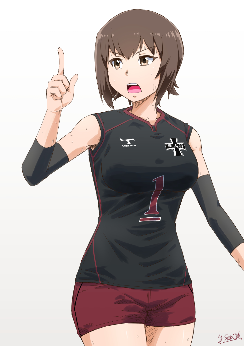 1girl artist_name bangs black_shirt brown_eyes brown_hair commentary cowboy_shot elbow_pads emblem frown girls_und_panzer grey_background highres index_finger_raised kuromorimine_(emblem) logo looking_to_the_side nishizumi_maho open_mouth red_shorts satou_yasu shirt short_hair short_shorts shorts signature sleeveless sleeveless_shirt solo sportswear sweat volleyball_uniform