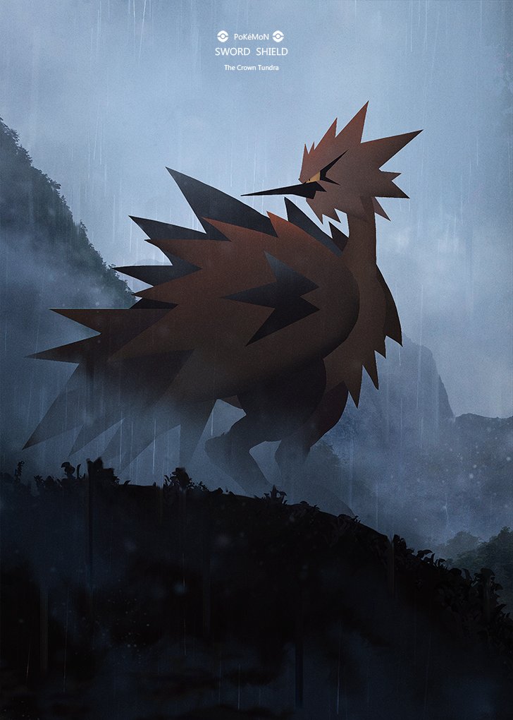 commentary_request copyright_name day foliage galarian_form galarian_zapdos gen_8_pokemon legendary_pokemon looking_back no_humans otsumami_(bu-bu-heaven) outdoors poke_ball_symbol pokemon pokemon_(creature) rain solo standing