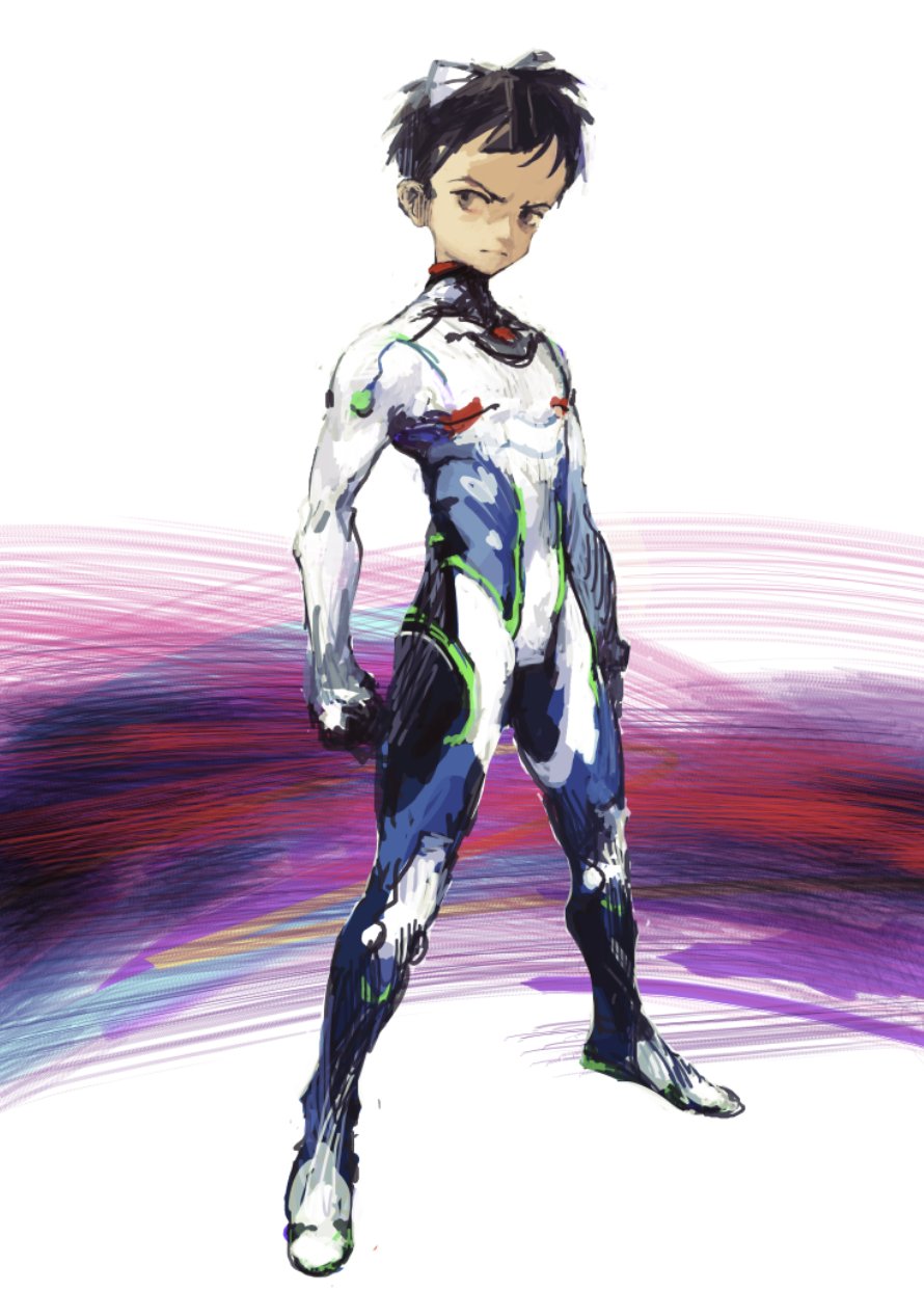 1boy angry brown_eyes brown_hair hakusaku highres ikari_shinji interface_headset looking_back neon_genesis_evangelion pilot_suit plugsuit solo standing