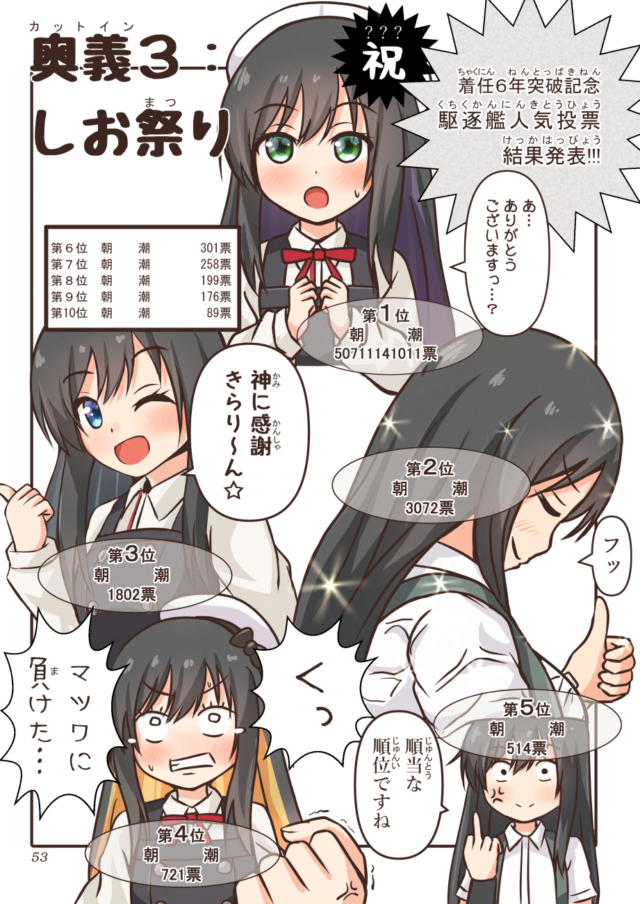 1girl asashio_(kantai_collection) bangs black_dress black_hair blue_eyes clenched_hand closed_eyes comiching dress green_eyes highres kantai_collection long_hair middle_finger one_eye_closed open_mouth pinafore_dress smile speech_bubble thumbs_up white_headwear