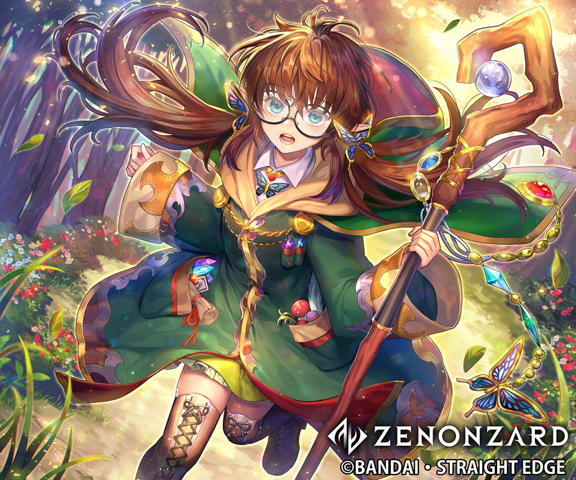 1girl :o aqua_eyes boots brown_hair brown_legwear bug butterfly butterfly_hair_ornament company_name copyright_name crystal day flower glasses grass green_robe hair_ornament hashimoto_hato holding holding_staff insect knee_boots long_hair looking_at_viewer low_twintails official_art outdoors pocket pointy_ears running scroll staff sunlight twintails wide_sleeves zenonzard