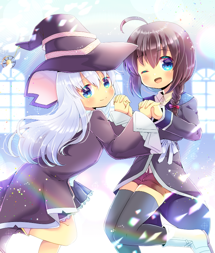 2girls ;d ahoge bangs black_footwear black_headwear black_legwear black_robe black_skirt blue_eyes blush boots bow braid brown_hair character_request closed_mouth collared_shirt cosplay dress_shirt elaina_(majo_no_tabitabi) elaina_(majo_no_tabitabi)_(cosplay) eyebrows_visible_through_hair frilled_skirt frills hair_between_eyes hair_bow hat hibiki_(kantai_collection) holding_hands interlocked_fingers kantai_collection kouu_hiyoyo long_sleeves looking_at_viewer majo_no_tabitabi multiple_girls one_eye_closed open_clothes open_mouth open_robe parted_lips pleated_skirt red_bow red_shorts robe shigure_(kantai_collection) shirt short_shorts shorts silver_hair single_braid skirt smile thigh-highs thighhighs_under_boots white_footwear white_shirt wide_sleeves window witch_hat