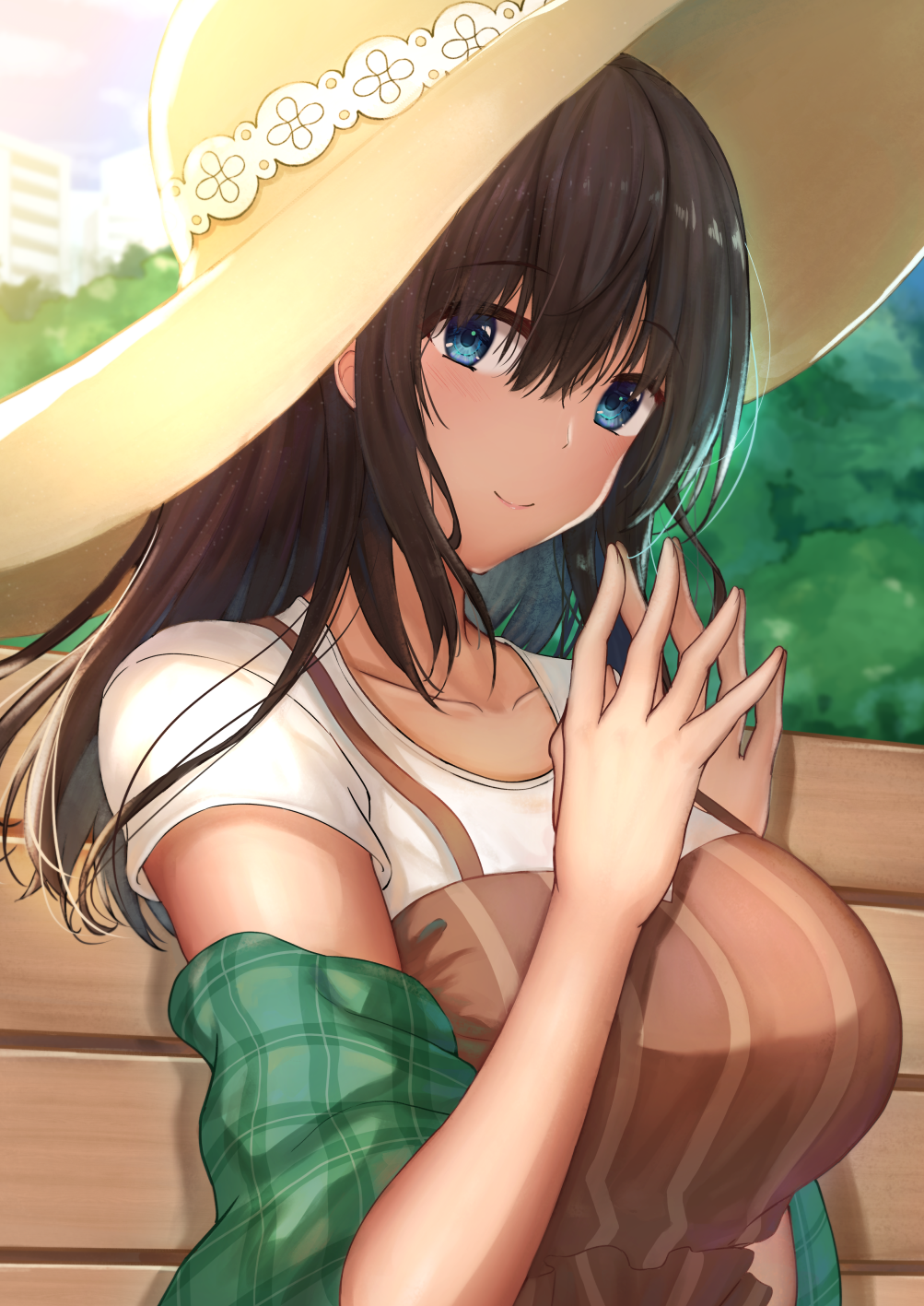 1girl aiban bangs bench blue_eyes breasts brown_dress brown_hair closed_mouth commentary_request dress fingers_together hair_between_eyes hat highres idolmaster idolmaster_cinderella_girls large_breasts looking_at_viewer off-shoulder_sweater off_shoulder outdoors park_bench plaid sagisawa_fumika shawl shirt short_sleeves sitting smile sun_hat sweater tree white_shirt