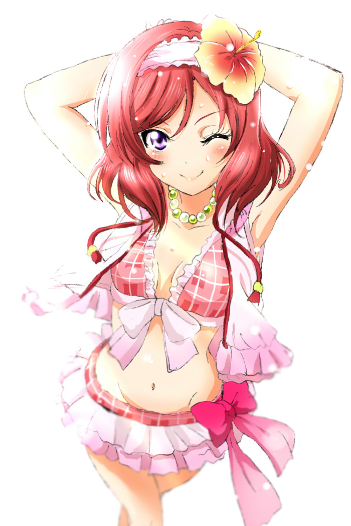 1girl armpits arms_up bikini bikini_skirt blurry blush breasts breasts_apart crossed_legs depth_of_field flower groin hair_flower hair_ornament looking_at_viewer love_live! love_live!_school_idol_project navel nishikino_maki one_eye_closed plaid plaid_bikini puprle_e redhead shogo_(4274732) short_hair smile solo swimsuit violet_eyes wet white_background