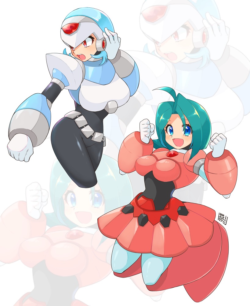2girls :d ahoge android blue_hair blush breasts capcom civilian_(rockman_x6) clenched_hand cropped_legs dated female_hunter_(rockman_x5) full_body green_hair helmet jumping large_breasts medium_hair multiple_girls open_mouth red_eyes rockman rockman_x short_hair simple_background smile tobitori zoom_layer