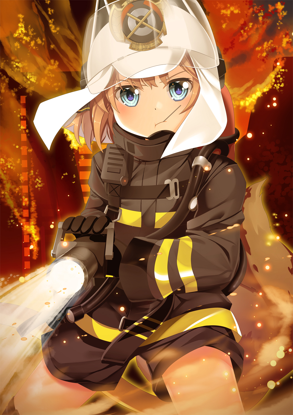 1girl animal_ears_helmet arknights bangs black_gloves black_jacket black_shorts blue_eyes brown_hair commentary cosplay cowboy_shot eyebrows_visible_through_hair fire fire_helmet fire_jacket firefighter gloves hachijou_(kantai_collection) helmet highres holding_hose hose jacket kantai_collection light_particles long_sleeves looking_at_viewer oxygen_tank shaw_(arknights) shaw_(arknights)_(cosplay) short_hair short_shorts shorts sidelocks solo standing standing_on_one_leg yasume_yukito