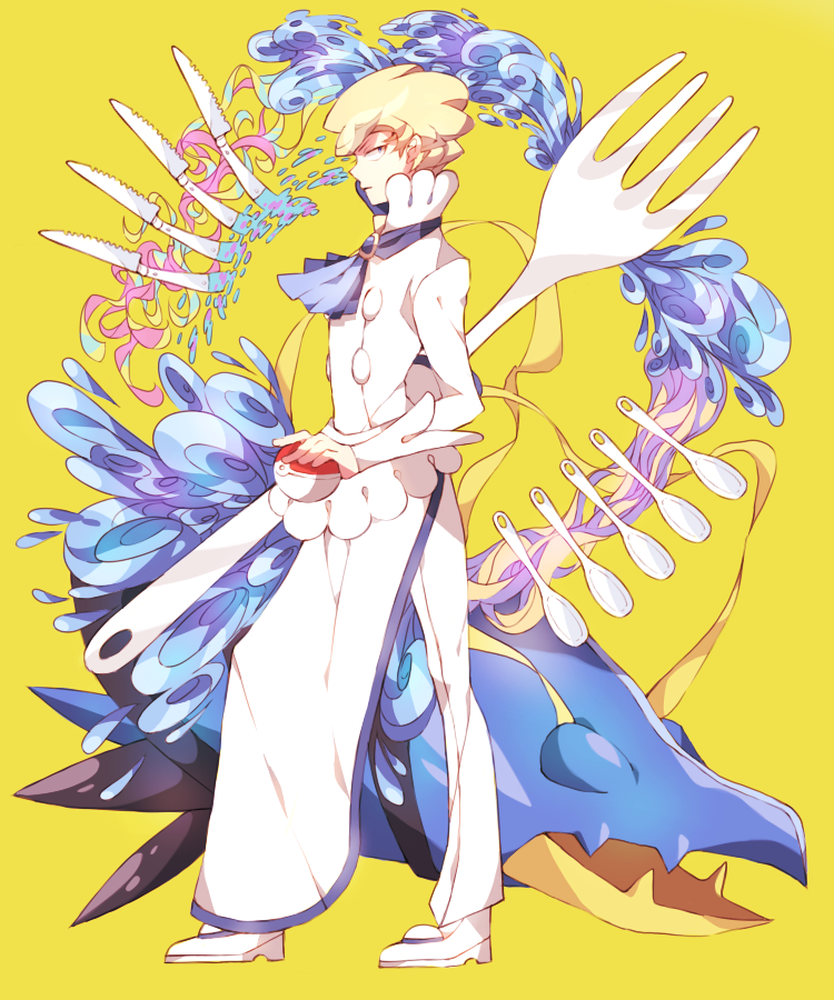 1boy apin apron blonde_hair clawitzer elite_four fork gen_6_pokemon holding holding_poke_ball long_sleeves looking_to_the_side male_focus pants poke_ball poke_ball_(basic) pokemon pokemon_(creature) pokemon_(game) pokemon_xy shoes short_hair siebold_(pokemon) symbol_commentary waist_apron white_footwear white_pants