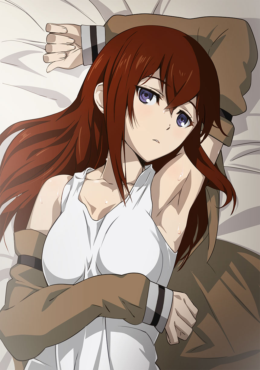 1girl arm_up armpits bangs bed_sheet blue_eyes brown_coat coat eyebrows_visible_through_hair from_above hair_between_eyes highres long_hair long_sleeves makise_kurisu ny0r0ny0r0 open_clothes open_coat parted_lips redhead sg shiny shiny_hair shirt sleeveless sleeveless_shirt sleeves_past_wrists solo steins;gate straight_hair upper_body white_shirt