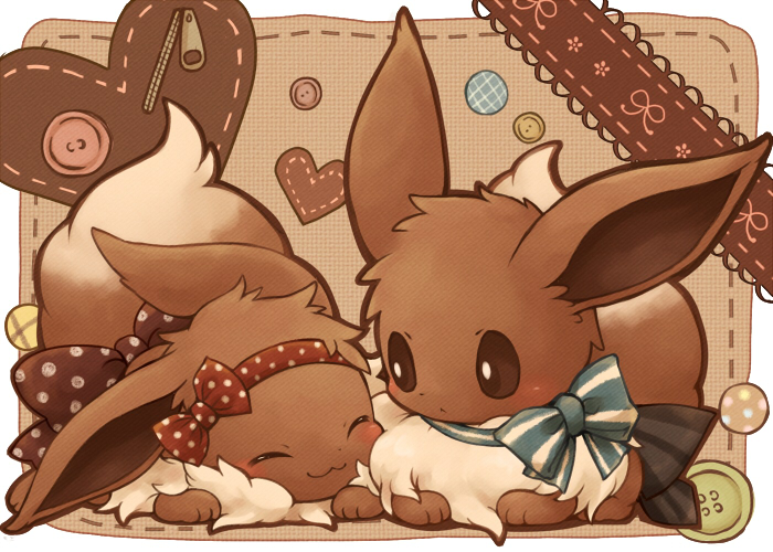 :3 blush bow brown_bow brown_eyes brown_fur buttons closed_mouth commentary_request eevee gen_1_pokemon hairband kuronekotarou looking_at_another no_humans paws pokemon pokemon_(creature) polka_dot_hairband red_hairband smile zipper zipper_pull_tab