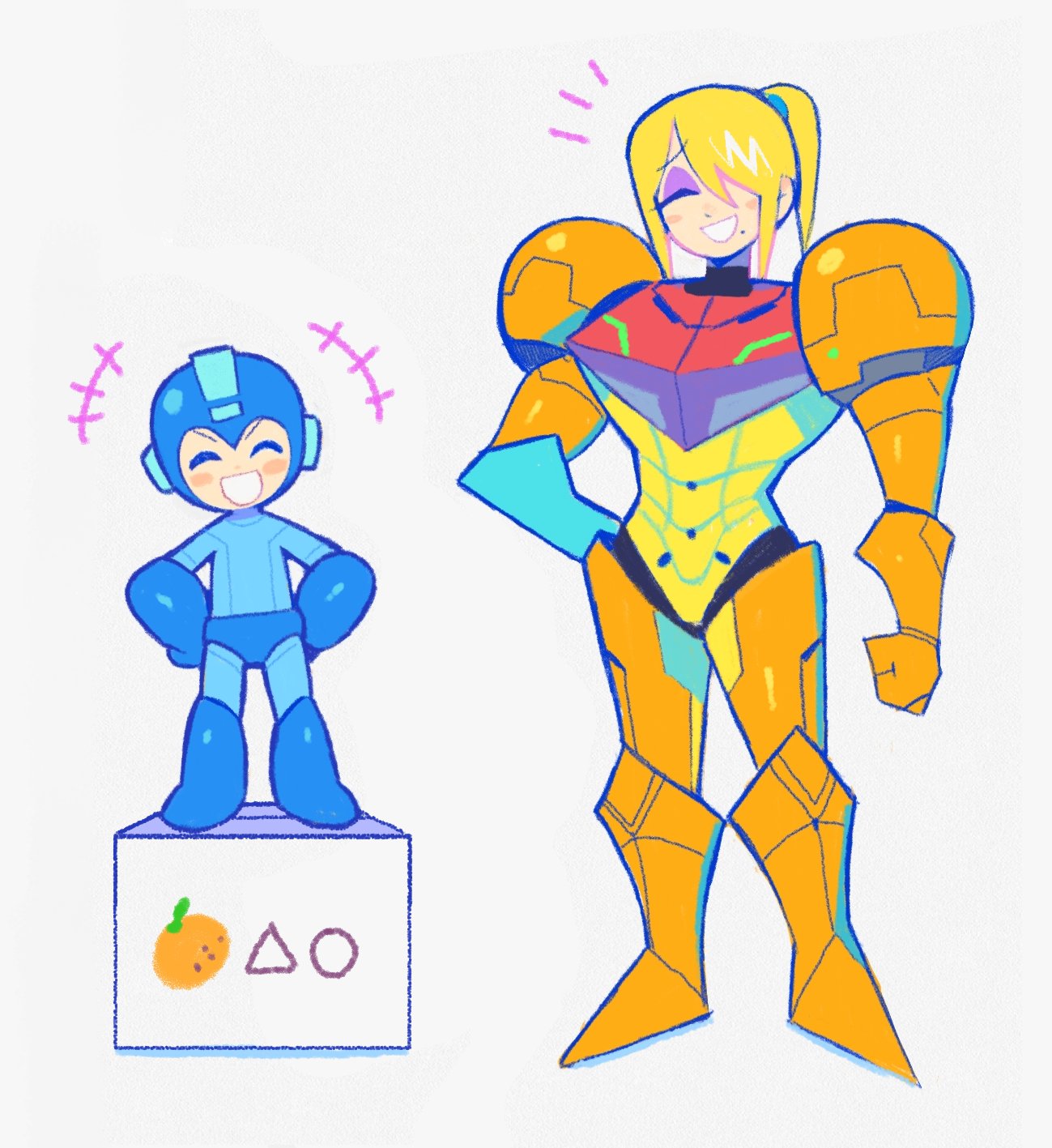 1boy 1girl adult blonde_hair blush box capcom child closed_eyes denaseey eyebrows_visible_through_hair hair_over_one_eye height_difference highres laughing megaman megaman_(game) metroid nintendo nintendo_ead open_mouth ponytail retro_studios rockman rockman_(character) rockman_(classic) samus_aran simple_background smile sora_(company) standing standing_on_object super_smash_bros. white_background