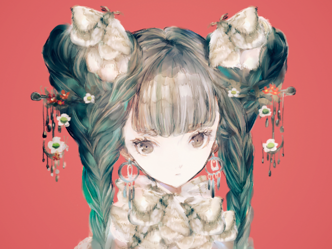 1girl brown_eyes closed_mouth double_bun earrings flower hair_flower hair_ornament hairpin jewelry looking_at_viewer original portrait red_background simple_background solo twintails yogisya