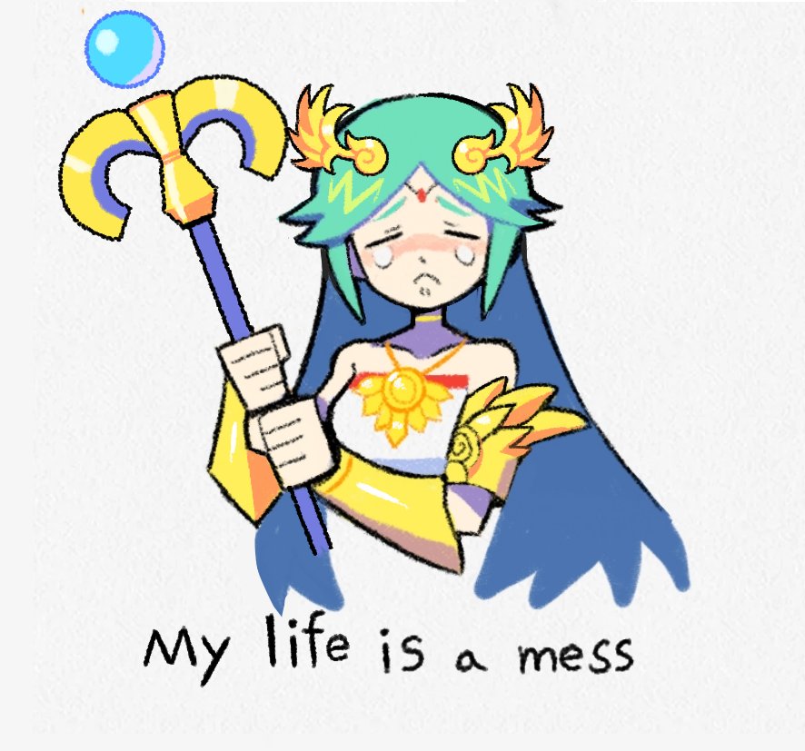 1girl bare_shoulders blush choker cropped_torso denaseey english_text green_hair holding holding_staff jewelry kid_icarus long_hair necklace palutena simple_background solo staff tears vambraces white_background