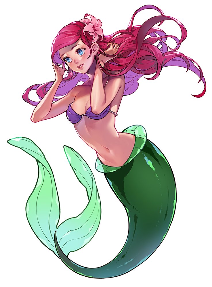 1girl ariel_(disney) bare_shoulders blue_eyes breasts fins floating_hair flower full_body hair_flower hair_ornament long_hair mermaid monster_girl na_young_lee navel parted_lips pink_flower redhead shell shell_bikini simple_background small_breasts solo the_little_mermaid white_background