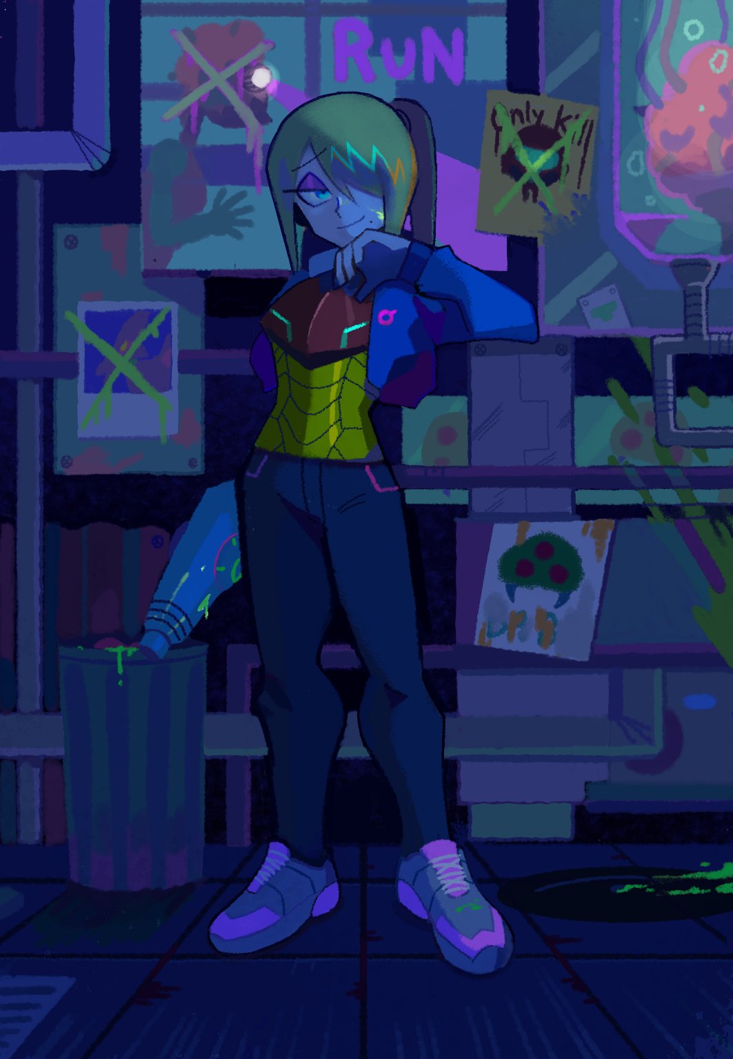 1girl alternate_costume arm_up black_pants blue_jacket cropped_jacket denaseey denim dripping eyebrows_visible_through_hair full_body hair_over_one_eye highres jacket jeans long_sleeves metroid mole mole_under_mouth pants samus_aran shoes solo standing zero_suit