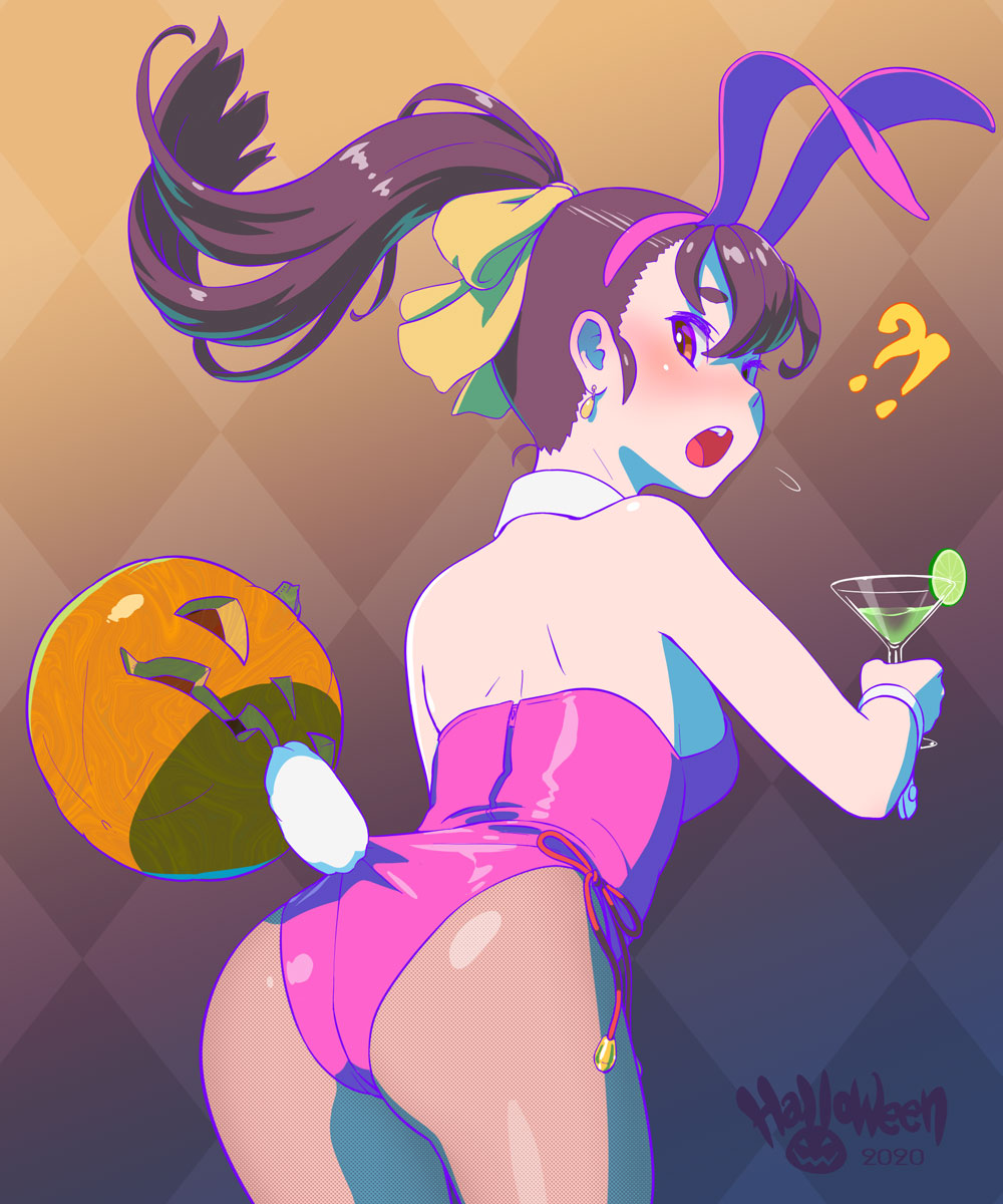 !? 1girl animal_ears brown_hair brown_legwear bunny_tail checkered checkered_background commentary_request cup detached_collar drinking_glass fishnet_legwear fishnets fukusuke_hachi-gou highres jack-o'-lantern leotard looking_back original pantyhose pink_leotard playboy_bunny ponytail pumpkin rabbit_ears red_eyes strapless strapless_leotard tail wine_glass wrist_cuffs