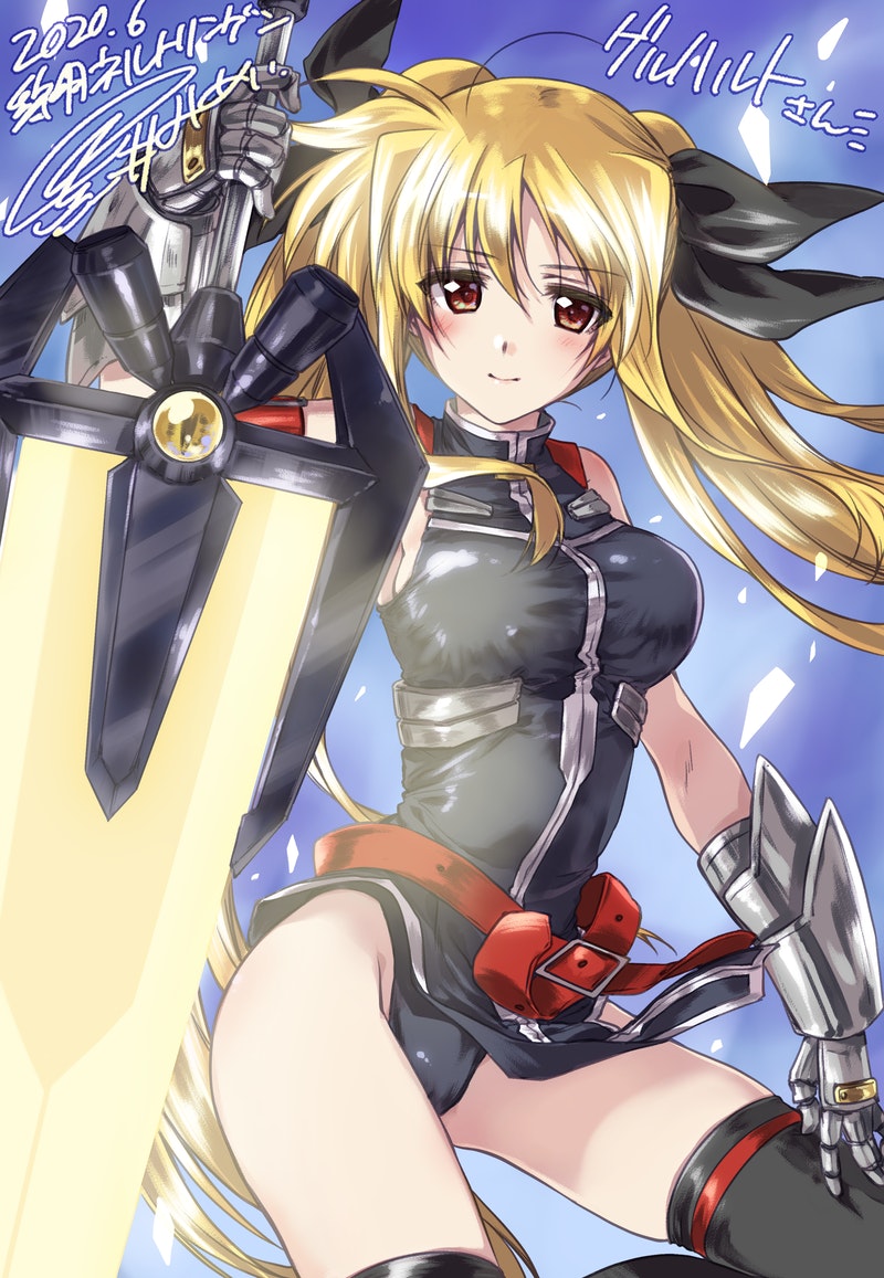1girl arm_up armlet artist_name bangs bardiche belt black_legwear black_leotard black_ribbon blonde_hair closed_mouth commentary_request commission dated eyebrows_visible_through_hair fate_testarossa gauntlets gloves grey_gloves hair_ribbon hand_on_own_thigh highleg highleg_leotard holding holding_weapon kuroi_mimei leotard long_hair looking_at_viewer lyrical_nanoha magical_girl mahou_shoujo_lyrical_nanoha_strikers pelvic_curtain red_belt red_eyes ribbon signature single_horizontal_stripe skeb_commission skindentation sleeveless smile solo standing thigh-highs thighs twintails weapon wind