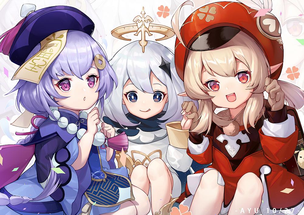 3girls :d :q ahoge artist_name ayu_(ayuyu0924) backpack bag bangs blue_dress blush braid brown_eyes brown_gloves cabbie_hat closed_mouth commentary_request cropped_jacket dated dress eyebrows_visible_through_hair genshin_impact gloves hair_between_eyes hair_ornament hat jacket jpeg_artifacts klee_(genshin_impact) knees_up long_hair long_sleeves looking_at_viewer low_twintails multiple_girls ofuda open_mouth paimon_(genshin_impact) parted_lips purple_hair purple_headwear purple_jacket qing_guanmao qiqi red_dress red_headwear seiza silver_hair single_braid sitting smile tongue tongue_out twintails upper_teeth very_long_hair violet_eyes white_dress wide_sleeves