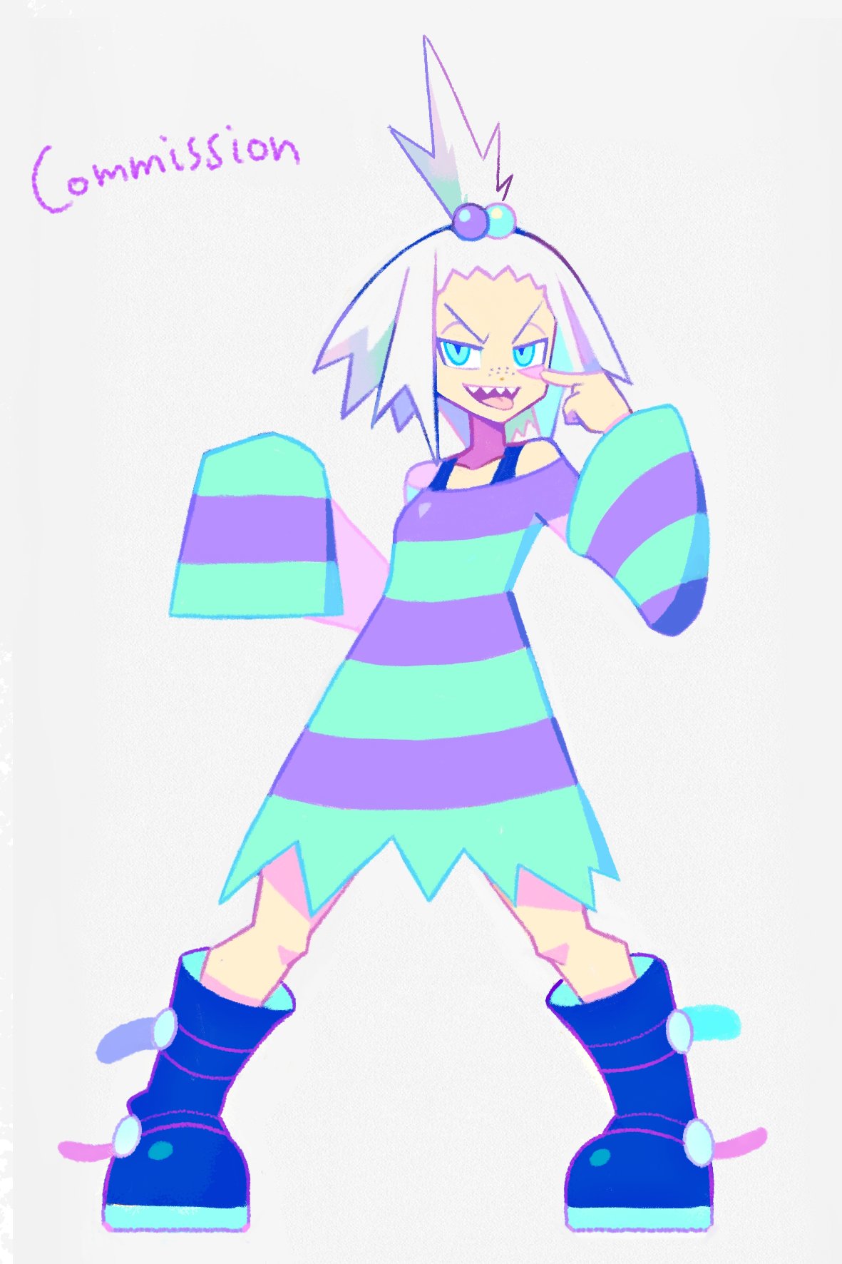 1girl aqua_eyes black_footwear boots commission denaseey dress full_body highres index_finger_raised long_sleeves open_mouth pokemon pokemon_(game) pokemon_bw2 roxie_(pokemon) sharp_teeth short_hair simple_background sleeves_past_fingers sleeves_past_wrists smile solo standing striped striped_dress teeth tongue topknot white_background white_hair wide_sleeves