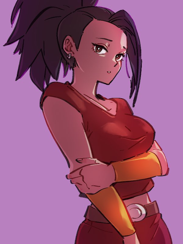 1girl black_hair breasts brown_eyes dragon_ball dragon_ball_super earrings forehead jewelry kale_(dragon_ball) kemachiku large_breasts looking_at_viewer midriff ponytail purple_background short_hair simple_background sleeveless solo