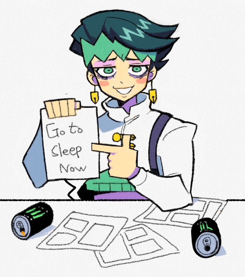 1boy can denaseey diamond_wa_kudakenai earrings english_text green_eyes green_hair jewelry jojo_no_kimyou_na_bouken kishibe_rohan long_sleeves looking_at_viewer monster_energy paper parted_lips short_hair simple_background smile solo upper_body white_background