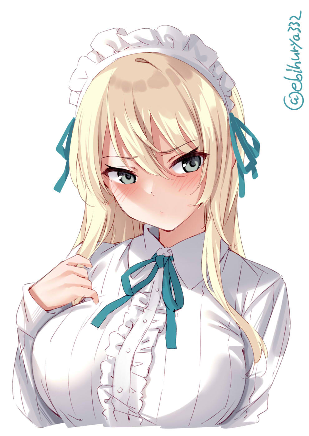 1girl alternate_costume bismarck_(kantai_collection) blonde_hair blush breasts collar collared_shirt cowboy_shot ebifurya green_eyes green_ribbon headdress highres kantai_collection large_breasts long_hair looking_away ribbon shirt solo twitter_username white_background