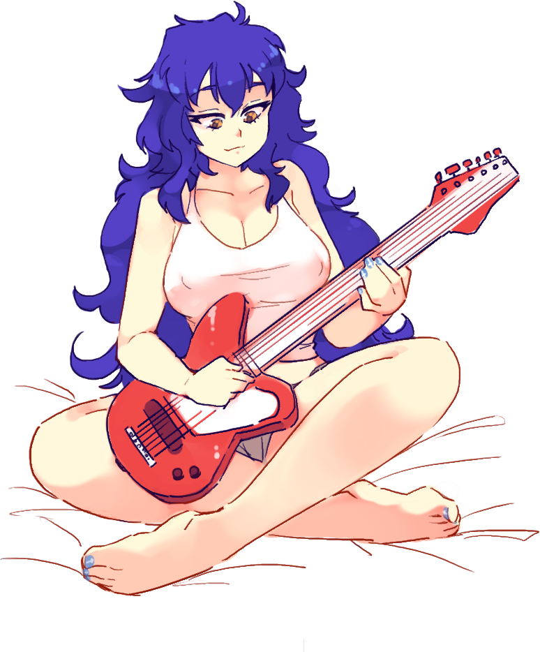 1girl bare_arms bare_legs bare_shoulders barefoot bed_sheet blue_hair blue_nails breasts brown_eyes collarbone commentary covered_nipples full_body guitar instrument large_breasts long_hair looking_away messy_hair music okako_(galko) oshiete!_galko-chan playing_instrument rtil sitting smile solo tank_top toenail_polish very_long_hair white_tank_top
