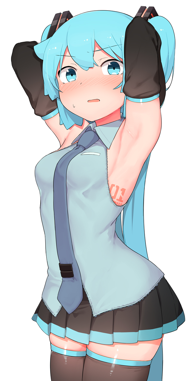 1girl abmayo aqua_eyes aqua_hair armpits arms_up bangs black_legwear black_skirt black_sleeves blue_eyes blush breasts collared_shirt commentary_request cowboy_shot detached_sleeves eyebrows_visible_through_hair hatsune_miku highres long_hair looking_at_viewer necktie number_tattoo open_mouth pleated_skirt shirt simple_background skirt sleeveless sleeveless_shirt solo sweatdrop tattoo thigh-highs tie_clip twintails very_long_hair vocaloid white_background zettai_ryouiki