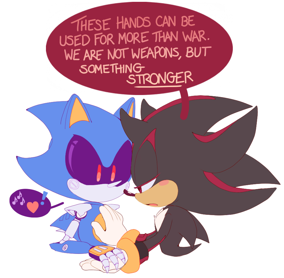 ! 2boys archie_comics black_fur english_commentary english_text fur furry gloves hand_on_another's_chest heart hedgehog_ears hedgehog_tail holding_hands joints looking_at_another metal_sonic motobug multiple_boys musical_note no_mouth red_eyes red_fur robot robot_joints shadow_the_hedgehog sideways_mouth sonic_the_hedgehog speech_bubble spoken_exclamation_mark spoken_heart spoken_musical_note transparent_background two-tone_fur upper_body