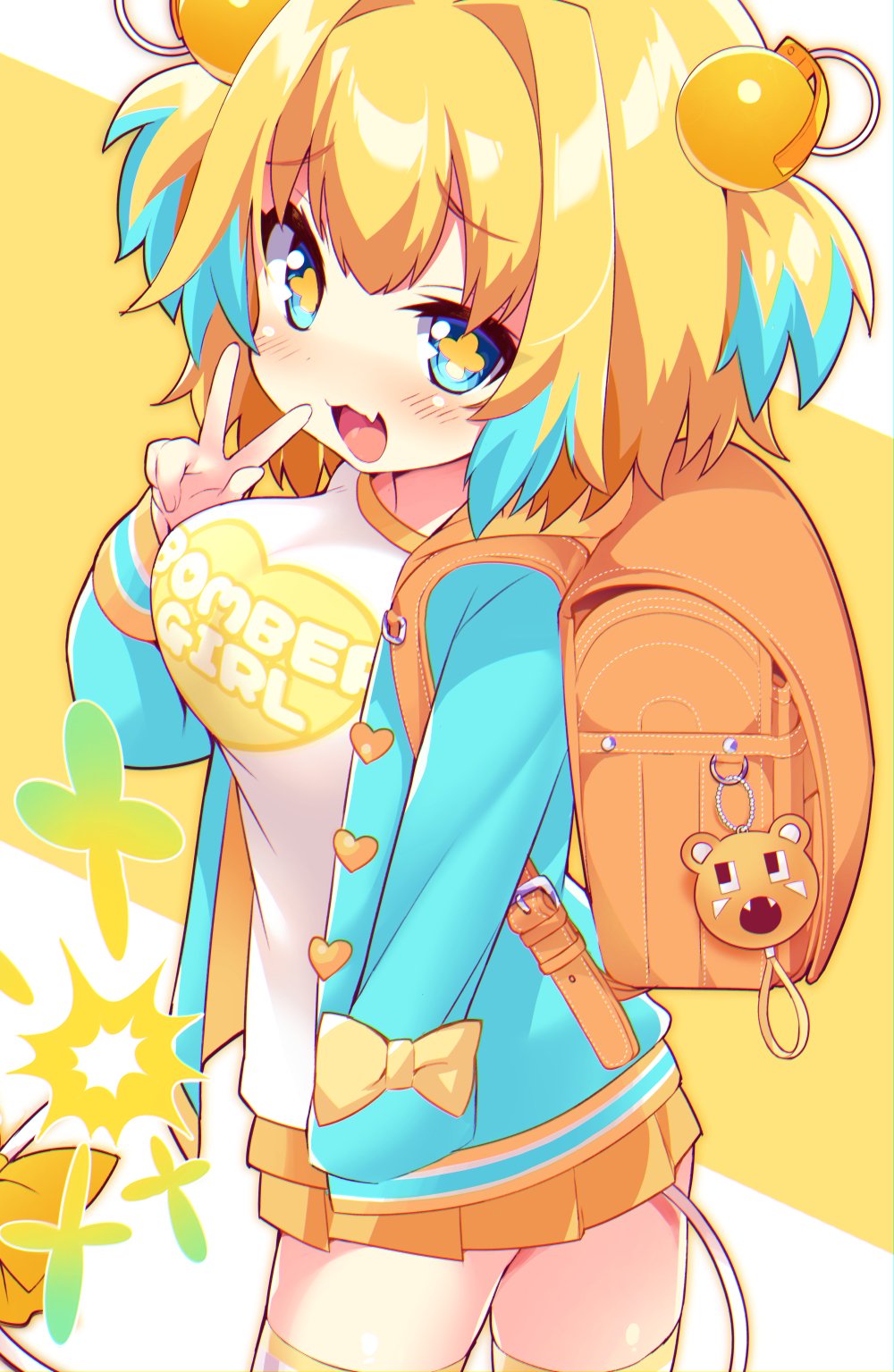 +_+ 1girl backpack bag blonde_hair blue_eyes blue_hair blush bombergirl breasts eyebrows_visible_through_hair fang hair_intakes hand_in_pocket highres large_breasts long_sleeves looking_at_viewer msp_sammy multicolored_hair open_mouth pine_(bombergirl) pleated_skirt randoseru short_hair short_twintails skirt smile solo twintails two-tone_hair v yellow_skirt