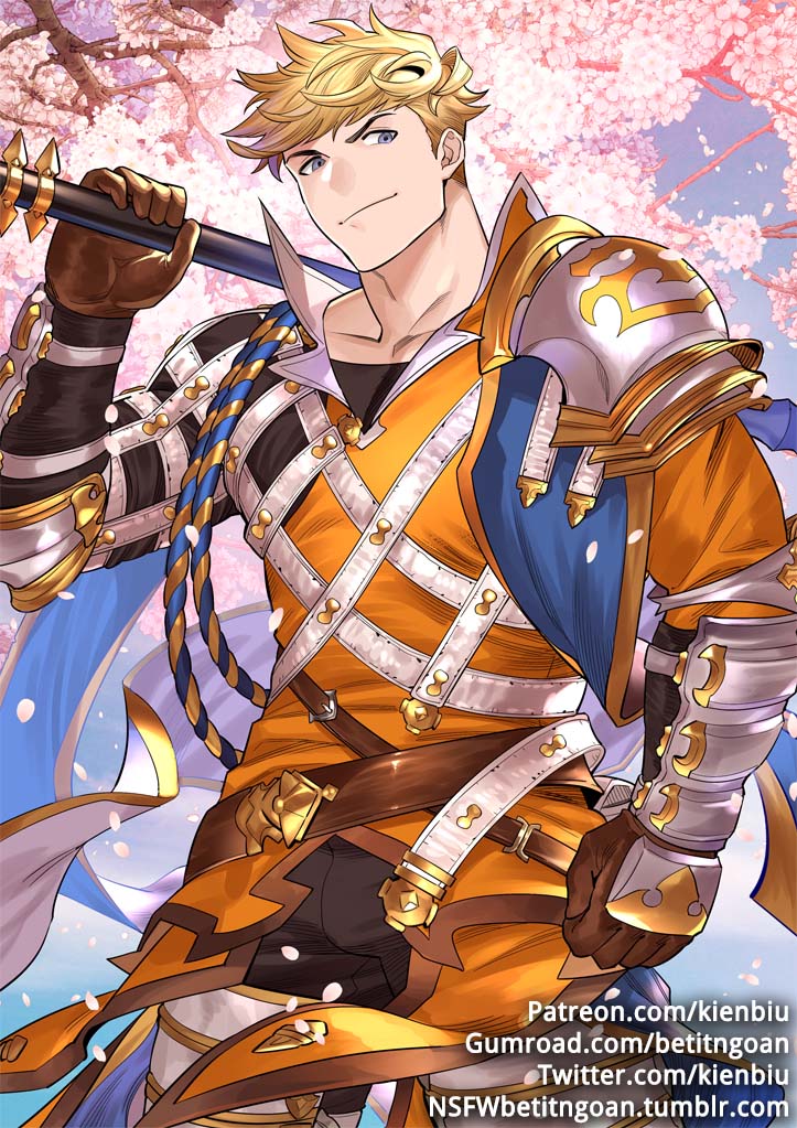 1boy armor bara black_pants blonde_hair brown_gloves cherry_blossoms collared_shirt cowboy_shot gloves granblue_fantasy green_eyes gumroad_username kienbiu male_focus muscle orange_shirt over_shoulder pants patreon_username pauldrons shirt short_hair shoulder_armor solo twitter_username vambraces vane_(granblue_fantasy) weapon weapon_over_shoulder