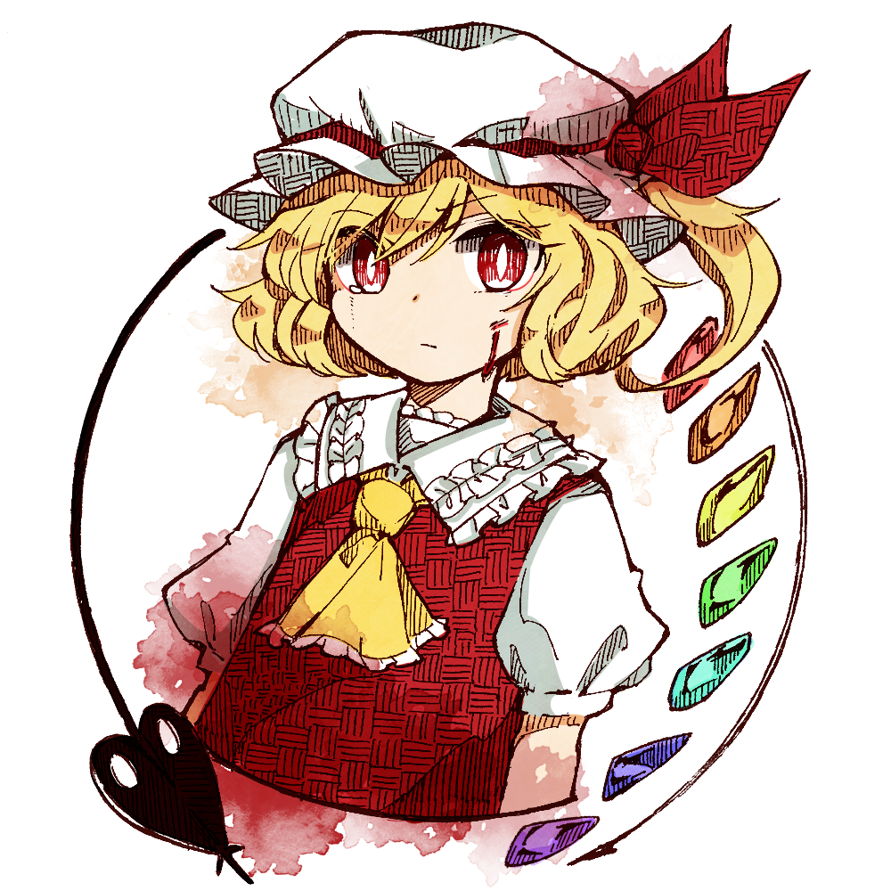 1girl blonde_hair blood blood_on_face bright_pupils commentary_request cropped_torso crystal flandre_scarlet hat hat_ribbon hiroshige_36 laevatein looking_at_viewer mob_cap red_eyes red_ribbon red_vest ribbon shirt short_hair short_sleeves side_ponytail solo touhou upper_body vest white_background white_headwear white_pupils white_shirt wings yellow_neckwear